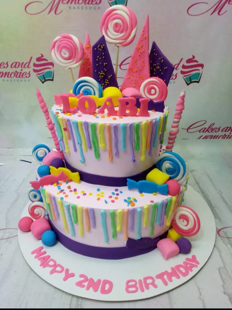 Colorful 2-tier candy themed birthday cake with rainbow drips, fondant lollipops, and pink gumpaste letters for Loabi's 2nd birthday. Colorful 2-tier candy themed birthday cake with rainbow drips, fondant lollipops, and pink gumpaste letters for Loabi's 2nd birthday.