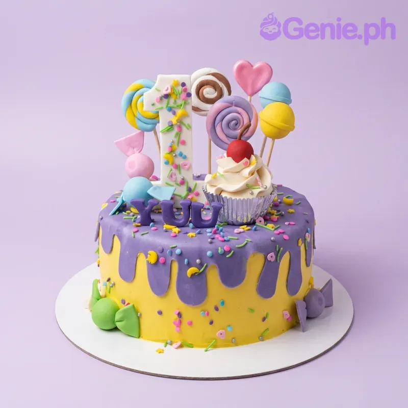 Yellow fondant cake with purple drip, topped with a large number one, a cupcake, and colorful candy-themed fondant toppers. Yellow fondant cake with purple drip, topped with a large number one, a cupcake, and colorful candy-themed fondant toppers.
