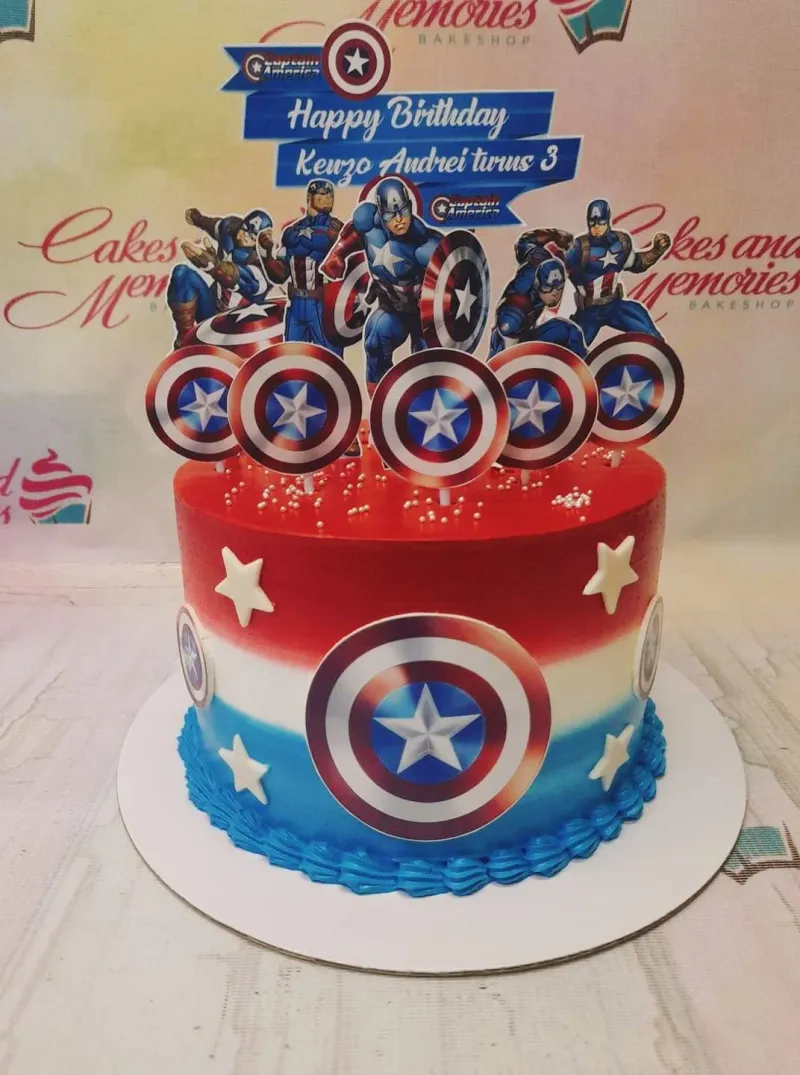 Captain America themed birthday cake with red, white, and blue gradient icing, shield toppers, and silver dragees. Captain America themed birthday cake with red, white, and blue gradient icing, shield toppers, and silver dragees.