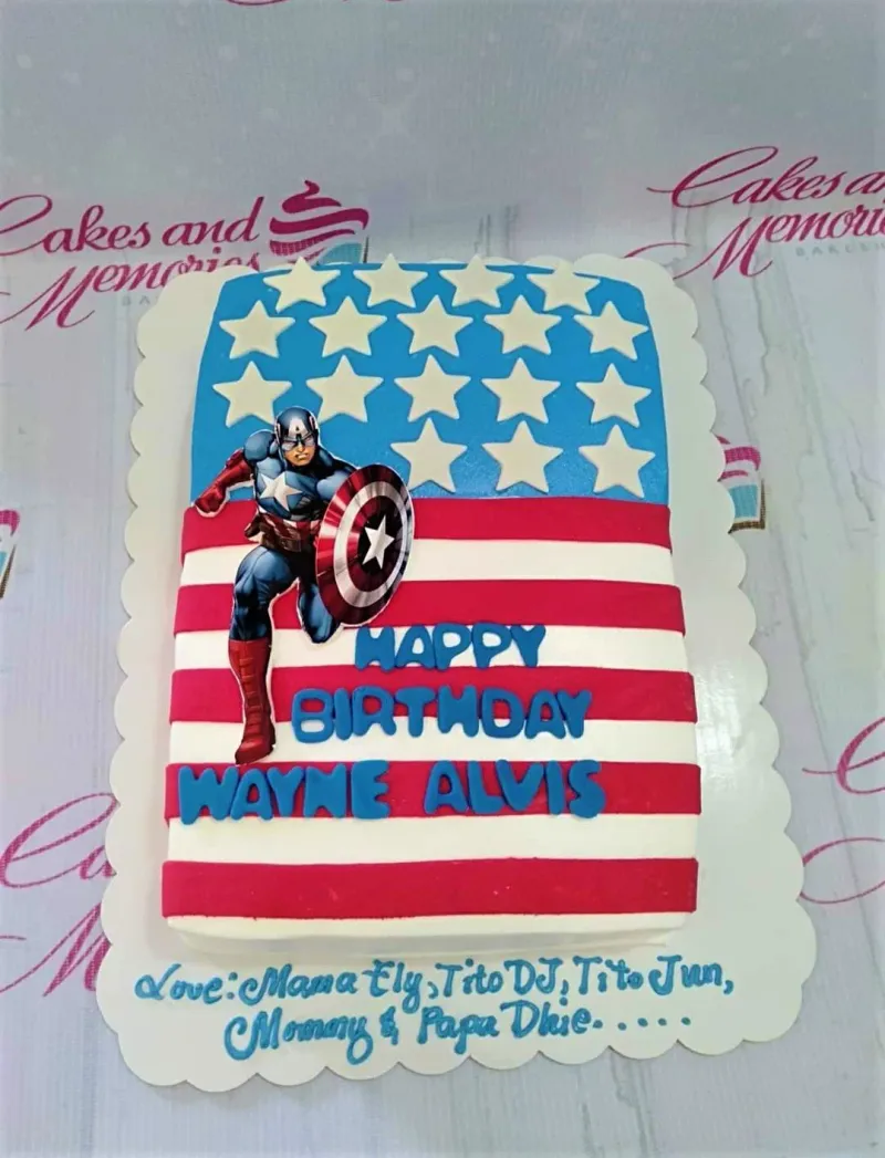 Captain America themed rectangular cake with American flag icing design and character printout. Captain America themed rectangular cake with American flag icing design and character printout.