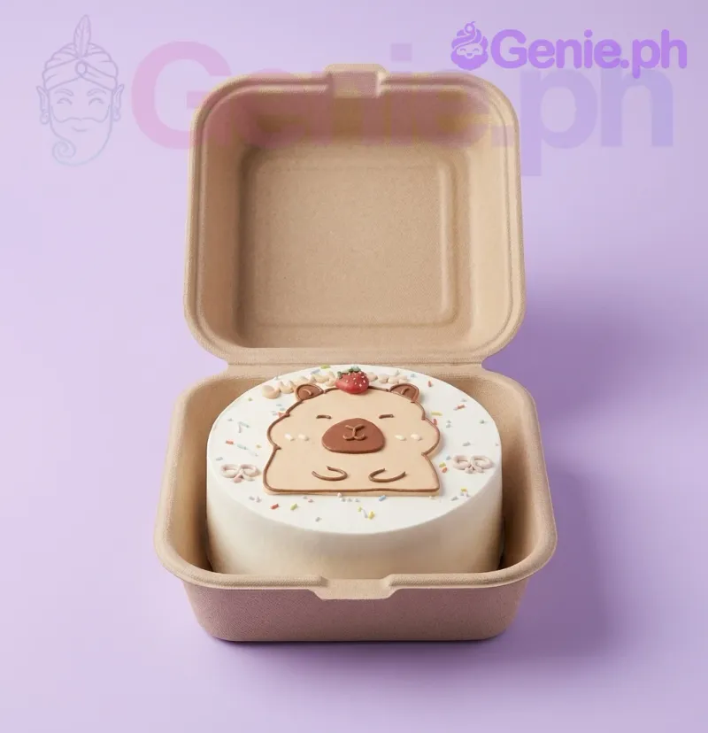 White bento cake in a clamshell box with a cute bear face design and a strawberry topper. White bento cake in a clamshell box with a cute bear face design and a strawberry topper.