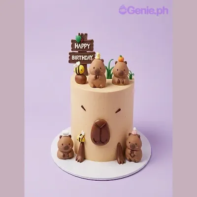 Beige 1-tier capybara-shaped birthday cake with three capybara figures and a Happy Birthday sign Beige 1-tier capybara-shaped birthday cake with three capybara figures and a Happy Birthday sign
