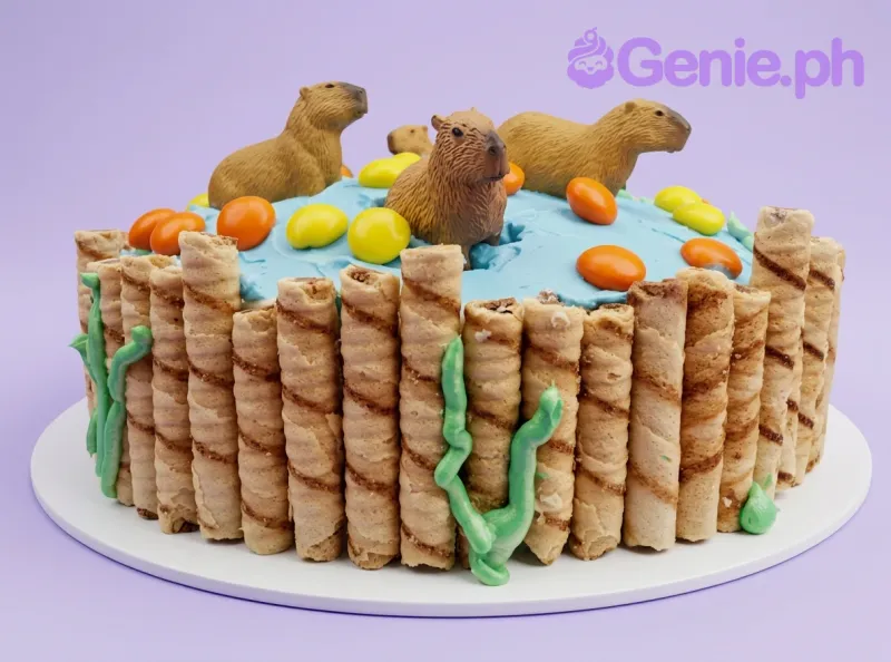 A blue and white 1 Tier cake themed around Capybara, featuring three capybara figurines and a wafer stick border. A blue and white 1 Tier cake themed around Capybara, featuring three capybara figurines and a wafer stick border.