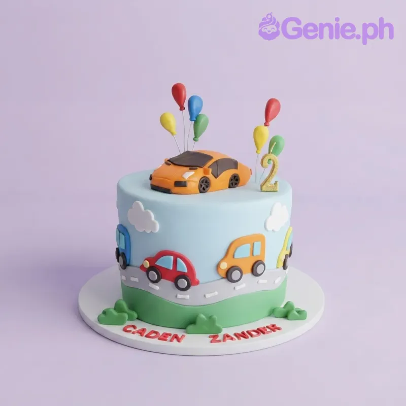 Light blue fondant cake with a road, colorful car cutouts, an orange sports car topper, and balloons Light blue fondant cake with a road, colorful car cutouts, an orange sports car topper, and balloons