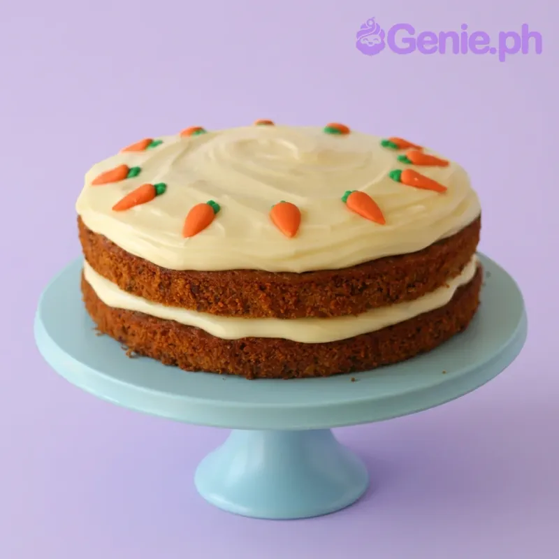 A white single-tier cake themed around Carrot Cake, featuring small orange fondant carrots and green stems. A white single-tier cake themed around Carrot Cake, featuring small orange fondant carrots and green stems.
