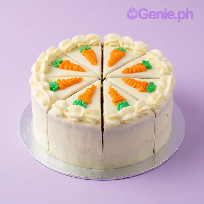 Carrot Cake cake design — 1 layer soft icing cake in white — with piped orange carrots with green tops, and piped top border Carrot Cake cake design — 1 layer soft icing cake in white — with piped orange carrots with green tops, and piped top border
