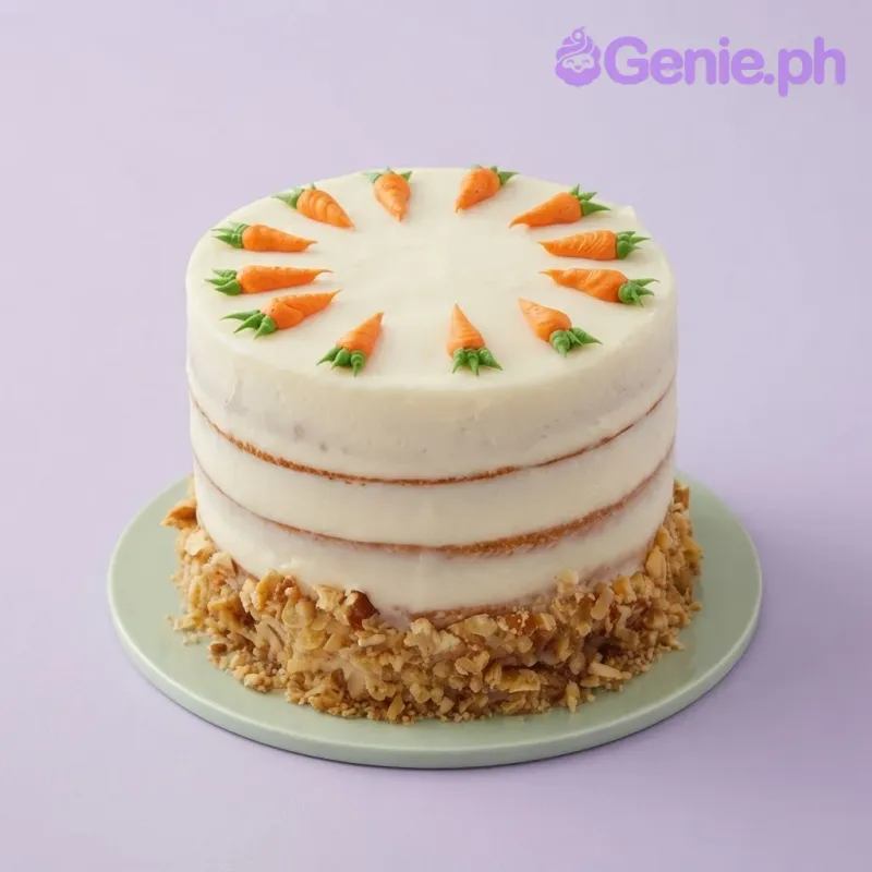 White 1-tier cake with smooth soft icing and piped orange buttercream carrots with green tops White 1-tier cake with smooth soft icing and piped orange buttercream carrots with green tops