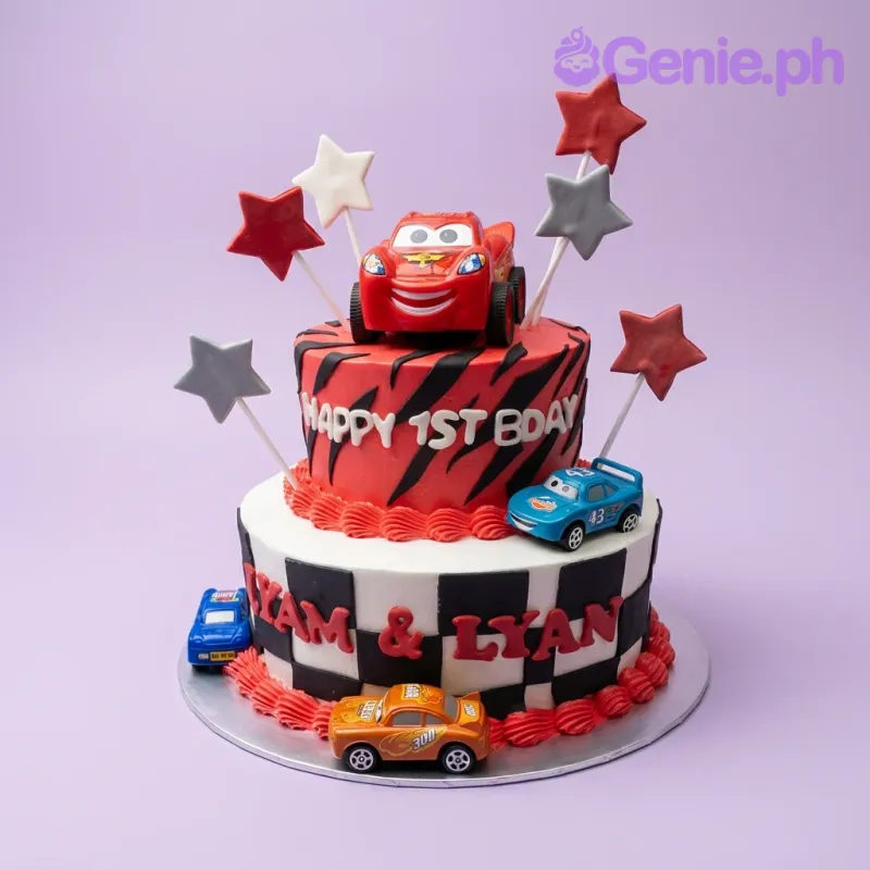 Two-tier Cars themed birthday cake with Lightning McQueen toy topper, red and black tiger stripes, and checkered flag pattern. Two-tier Cars themed birthday cake with Lightning McQueen toy topper, red and black tiger stripes, and checkered flag pattern.