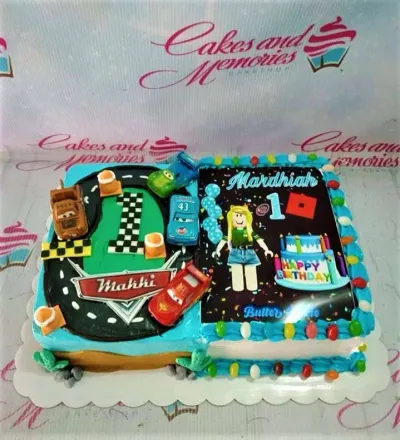 Rectangle birthday cake with split theme of Disney Cars and Roblox characters, featuring toy cars and colorful jelly bean borders. Rectangle birthday cake with split theme of Disney Cars and Roblox characters, featuring toy cars and colorful jelly bean borders.