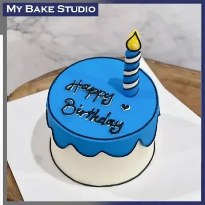 Sky blue and white 1-tier cake with soft icing, a cartoon comic style drip, bold outlines, and a striped candle Sky blue and white 1-tier cake with soft icing, a cartoon comic style drip, bold outlines, and a striped candle