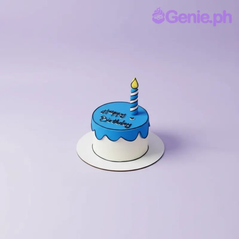 Sky blue and white 1-tier cake with soft icing, a cartoon comic style drip, bold outlines, and a striped candle Sky blue and white 1-tier cake with soft icing, a cartoon comic style drip, bold outlines, and a striped candle