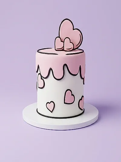 Pink and white 1-tier cartoon style cake with pink fondant hearts and black icing outlines Pink and white 1-tier cartoon style cake with pink fondant hearts and black icing outlines