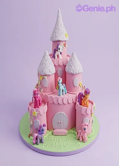Pink castle-shaped fondant cake with My Little Pony figurines, lavender turrets, and piped grass accents on a green base board Pink castle-shaped fondant cake with My Little Pony figurines, lavender turrets, and piped grass accents on a green base board