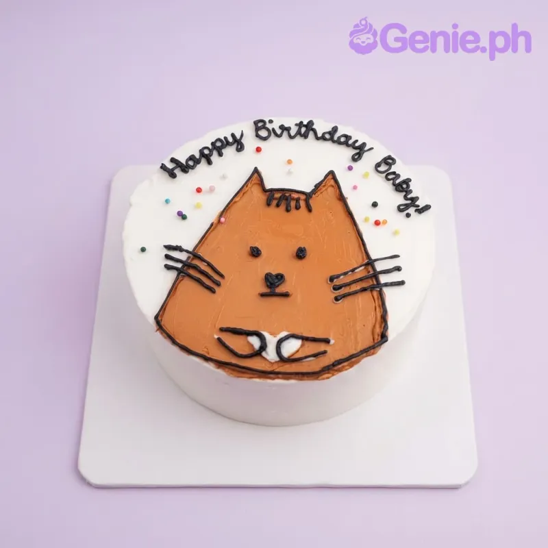 White bento cake with smooth soft icing, a brown piped cat face drawing, and colorful sprinkle dots White bento cake with smooth soft icing, a brown piped cat face drawing, and colorful sprinkle dots