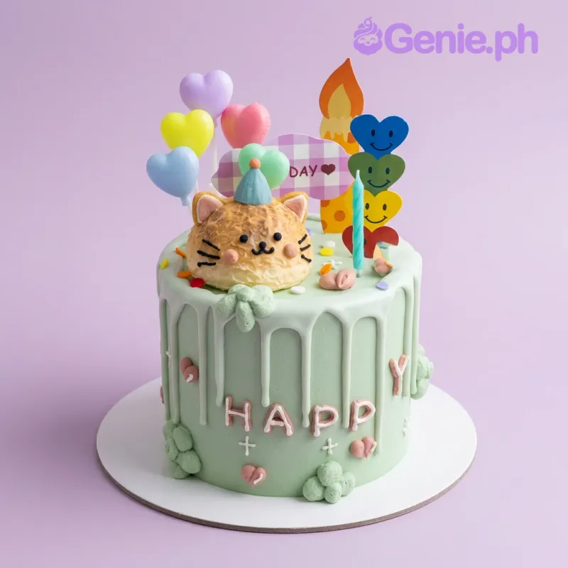 Light green 1-tier birthday cake with cat face design, heart balloons, and Happy banner Light green 1-tier birthday cake with cat face design, heart balloons, and Happy banner