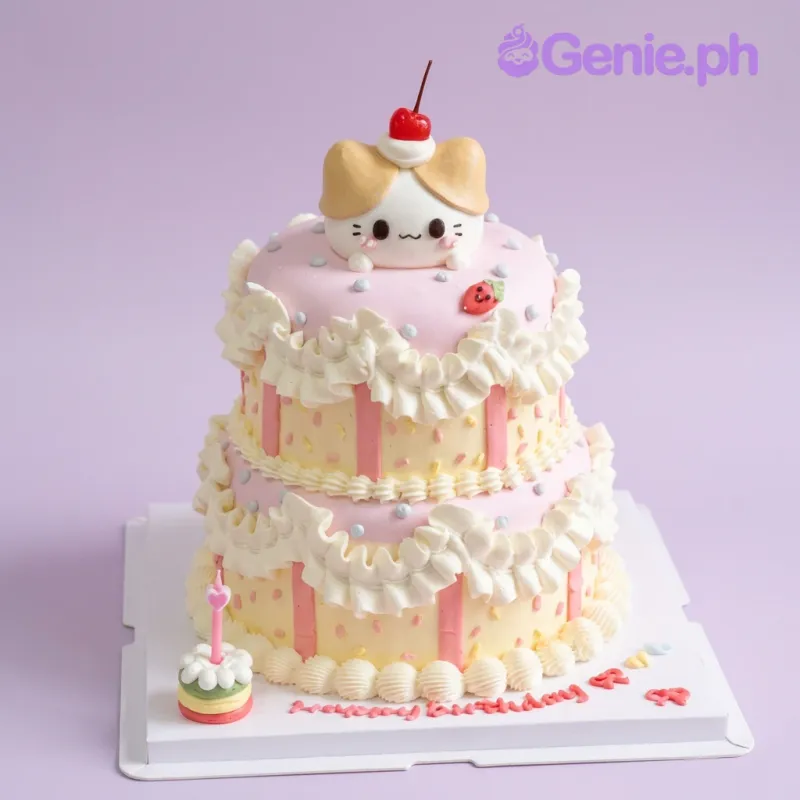 Two tier cake with pink soft icing, a cat face with cherry topper, pink heart candle, red strawberry, blue sprinkles, white ruffles, pink stripes, and a piped message Two tier cake with pink soft icing, a cat face with cherry topper, pink heart candle, red strawberry, blue sprinkles, white ruffles, pink stripes, and a piped message