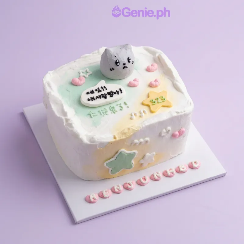 White square birthday cake with a grey cat head topper and colorful star and heart decorations White square birthday cake with a grey cat head topper and colorful star and heart decorations