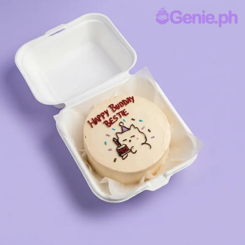 A cream and white Bento cake, Cat Minimalist themed, featuring a hand-drawn cat holding a cake, with red 'Happy Budday Bestie' text. A cream and white Bento cake, Cat Minimalist themed, featuring a hand-drawn cat holding a cake, with red 'Happy Budday Bestie' text.