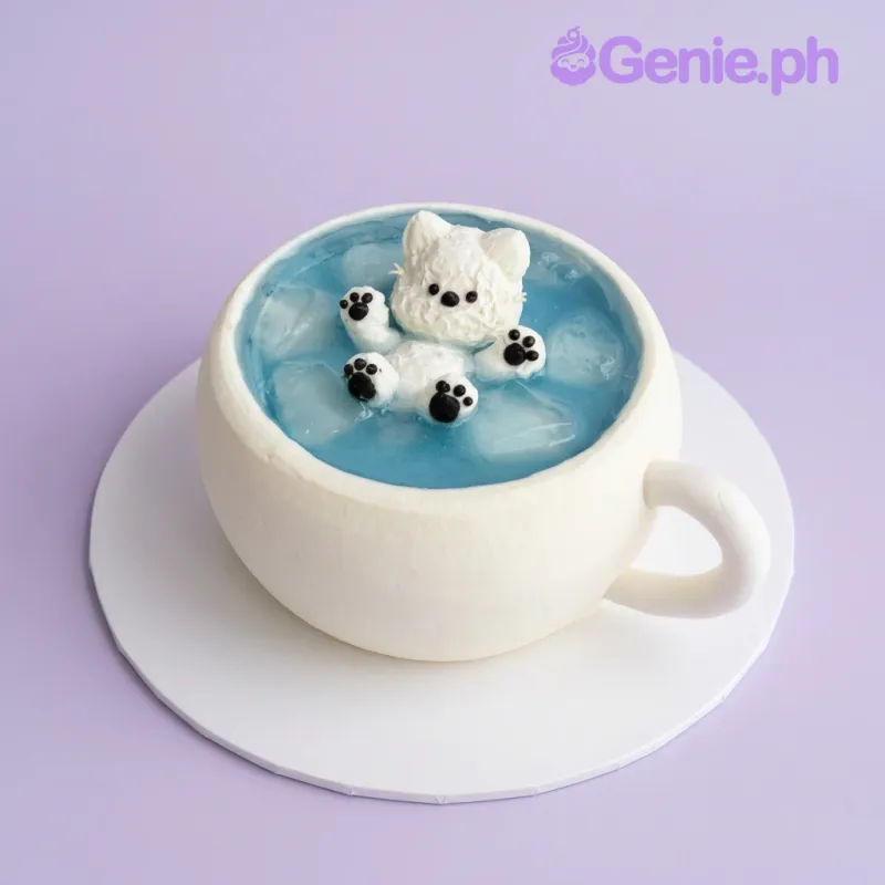 White mug shaped cake with a white cat figure inside blue liquid and ice cubes White mug shaped cake with a white cat figure inside blue liquid and ice cubes