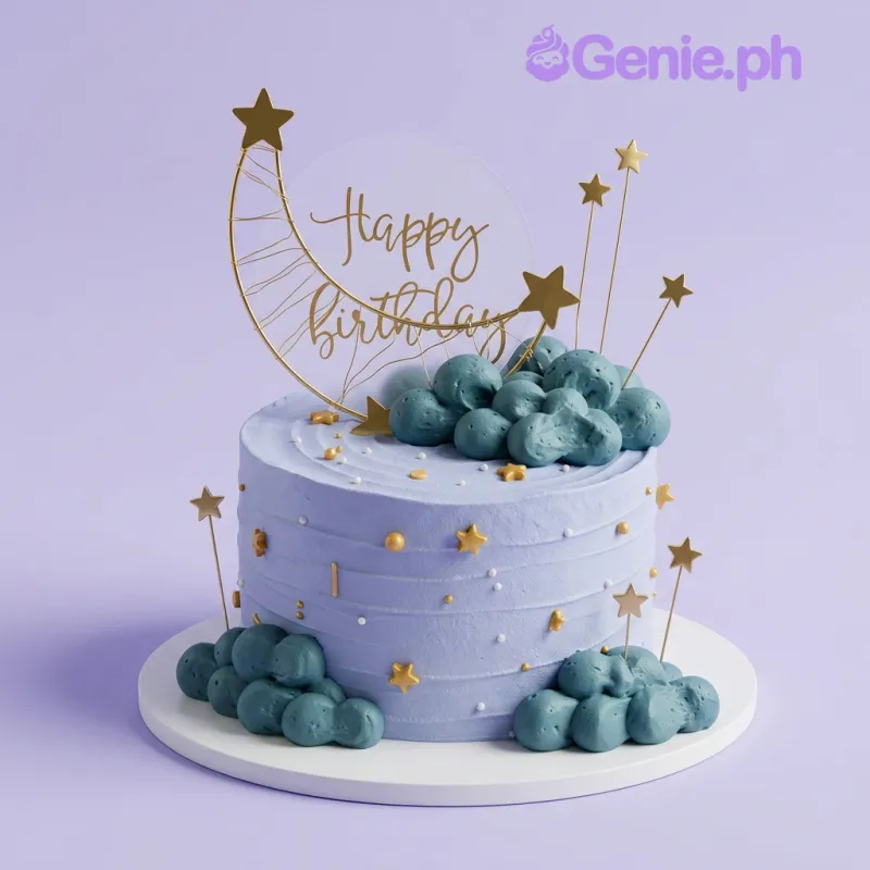 A light blue and gold 1 Tier cake themed around Celestial Moon, featuring a gold moon topper, gold stars, and blue clouds. A light blue and gold 1 Tier cake themed around Celestial Moon, featuring a gold moon topper, gold stars, and blue clouds.