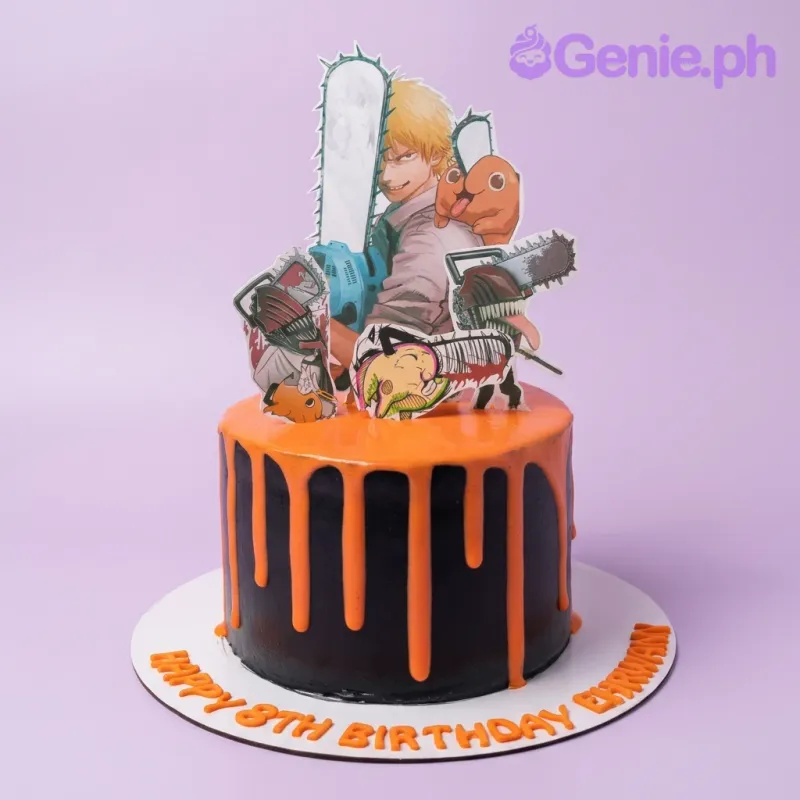 A black and orange 1-tier cake themed around Chainsaw Man, featuring Denji and Pochita printouts, an orange drip, and birthday text. A black and orange 1-tier cake themed around Chainsaw Man, featuring Denji and Pochita printouts, an orange drip, and birthday text.