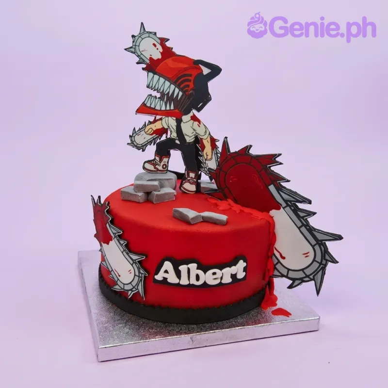 A red, black, grey, and white 1 Tier Fondant cake themed around Chainsaw Man, featuring a character printout, chainsaw blade printouts, grey gumpaste bricks, and an 'Albert' message. A red, black, grey, and white 1 Tier Fondant cake themed around Chainsaw Man, featuring a character printout, chainsaw blade printouts, grey gumpaste bricks, and an 'Albert' message.