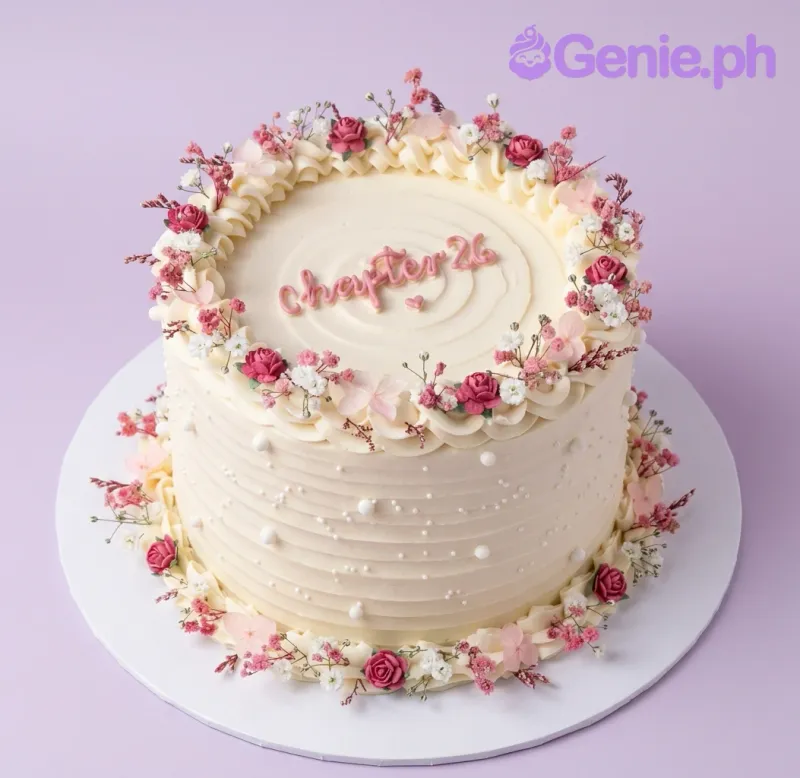A white 1-tier cake themed Chapter 26 Floral, with horizontal ridges, pink and white floral borders, and 'Chapter 26' in pink icing. A white 1-tier cake themed Chapter 26 Floral, with horizontal ridges, pink and white floral borders, and 'Chapter 26' in pink icing.