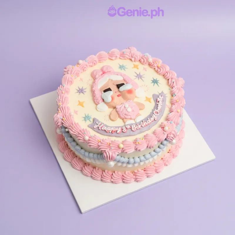 Light yellow 1-tier birthday cake with crying character printout and pink piped border Light yellow 1-tier birthday cake with crying character printout and pink piped border
