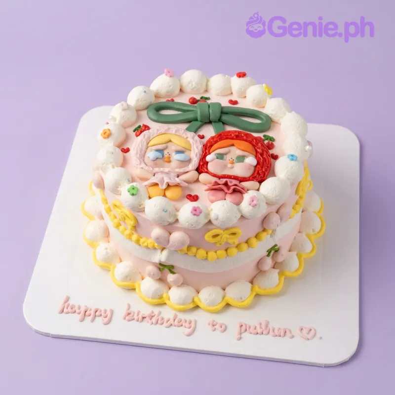 Light pink 1-tier birthday cake with two character toppers and white icing dollop border Light pink 1-tier birthday cake with two character toppers and white icing dollop border