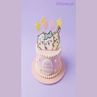 Character Birthday cake design — 1 layer soft icing cake in pink — with character cutouts, star cutouts, piped border, oval message plaque, and custom "Happy Birthday Nekola" message Character Birthday cake design — 1 layer soft icing cake in pink — with character cutouts, star cutouts, piped border, oval message plaque, and custom "Happy Birthday Nekola" message