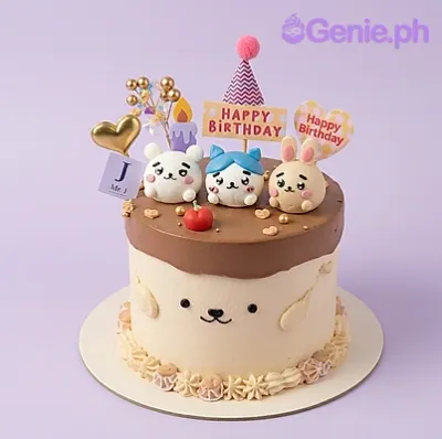 Beige and brown 1-tier birthday cake with three cute character toppers and Happy Birthday signs Beige and brown 1-tier birthday cake with three cute character toppers and Happy Birthday signs