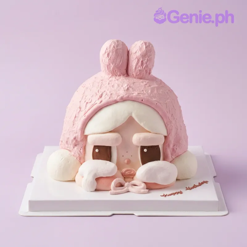 One tier character cake with soft pink icing, a pink bow, brown eyes, nose, mouth, and pink cheeks One tier character cake with soft pink icing, a pink bow, brown eyes, nose, mouth, and pink cheeks