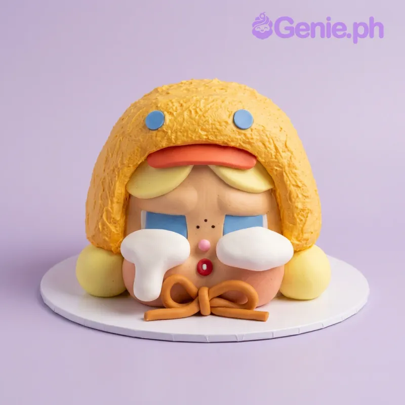1 Tier cake with yellow icing, an orange bow, blue eyes, white tears, a pink nose, and a red mouth on a peach face base 1 Tier cake with yellow icing, an orange bow, blue eyes, white tears, a pink nose, and a red mouth on a peach face base