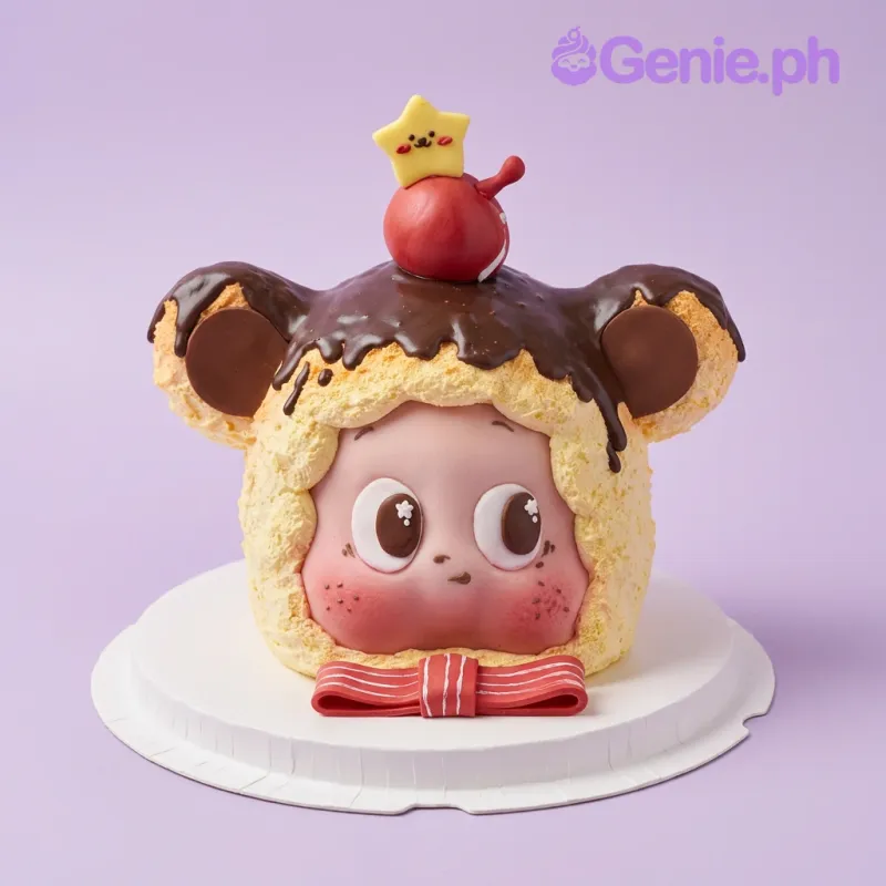 Pink character face cake with chocolate drip and a star topper Pink character face cake with chocolate drip and a star topper
