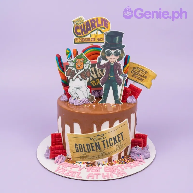 Charlie and the Chocolate Factory themed birthday cake with chocolate drip, Wonka bar toppers, and a Golden Ticket design. Charlie and the Chocolate Factory themed birthday cake with chocolate drip, Wonka bar toppers, and a Golden Ticket design.