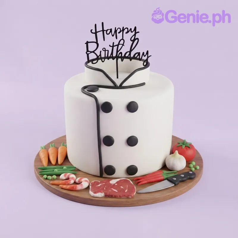 White 1-tier fondant chef uniform cake with a black acrylic happy birthday topper and assorted edible vegetable decorations White 1-tier fondant chef uniform cake with a black acrylic happy birthday topper and assorted edible vegetable decorations