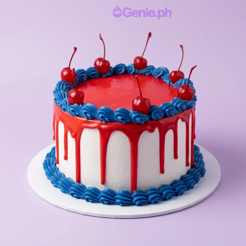 White 1-tier cake with red drip, blue piped borders, and red cherry toppers White 1-tier cake with red drip, blue piped borders, and red cherry toppers