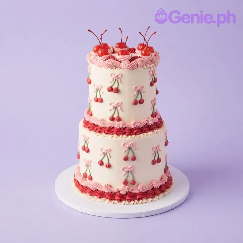 White 2-tier cake with soft icing, red fondant cherries, pink icing swirls, and piped red and pink borders White 2-tier cake with soft icing, red fondant cherries, pink icing swirls, and piped red and pink borders