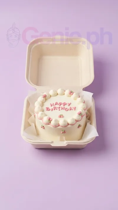 A white and pink bento cake themed Cherry Minimalist, featuring pink piped borders, cherry icing dots, and 'HAPPY BIRTHDAY' text. A white and pink bento cake themed Cherry Minimalist, featuring pink piped borders, cherry icing dots, and 'HAPPY BIRTHDAY' text.