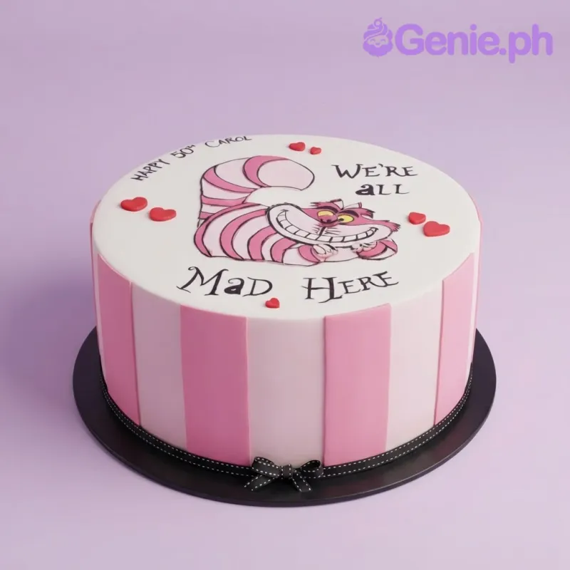 Pink and off white 1-tier fondant cake with a pink cat character cutout and red fondant hearts Pink and off white 1-tier fondant cake with a pink cat character cutout and red fondant hearts