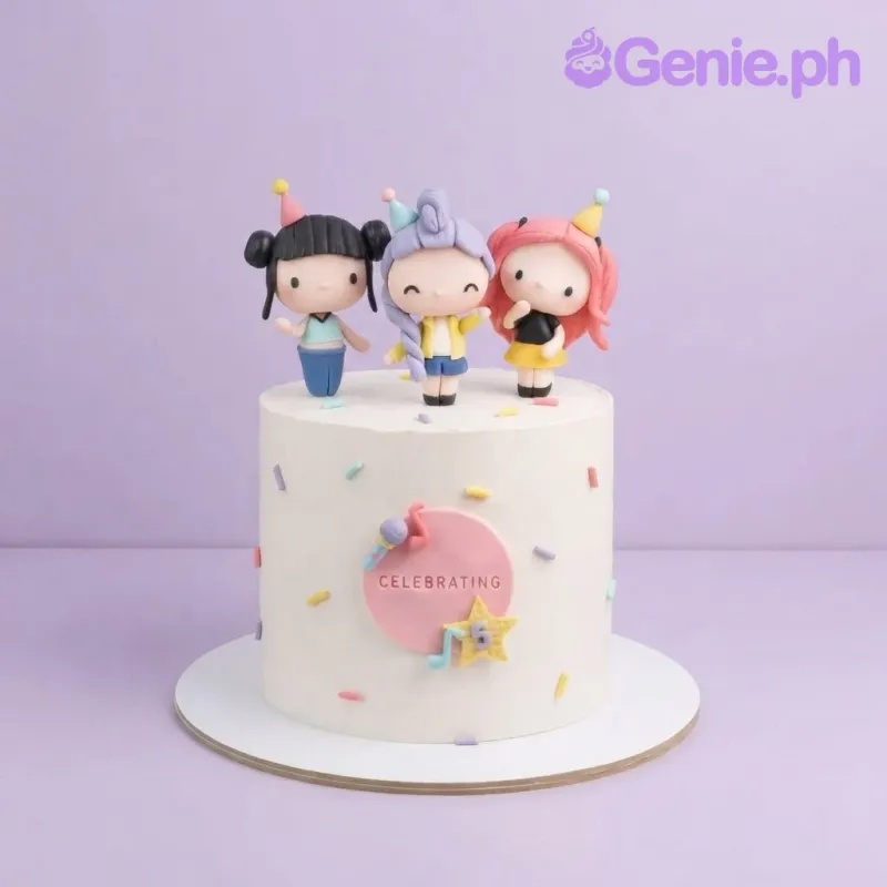 White 1-tier cake with soft icing, three chibi character figurines, and a pink plaque with a name and age White 1-tier cake with soft icing, three chibi character figurines, and a pink plaque with a name and age