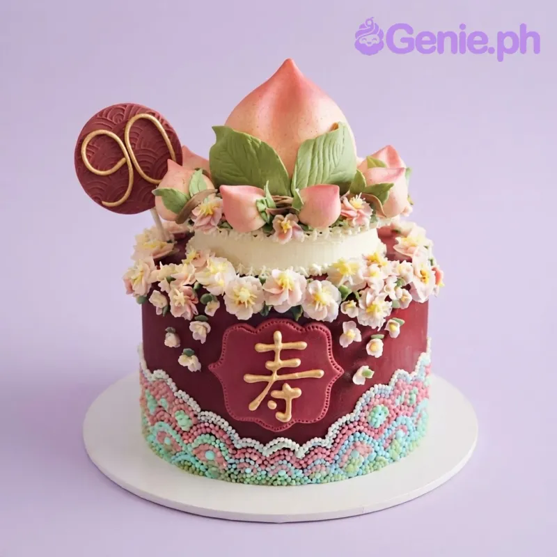 Dark red and ivory 1 tier cake with soft icing, a Chinese longevity birthday peach theme, and a peach fondant topper Dark red and ivory 1 tier cake with soft icing, a Chinese longevity birthday peach theme, and a peach fondant topper