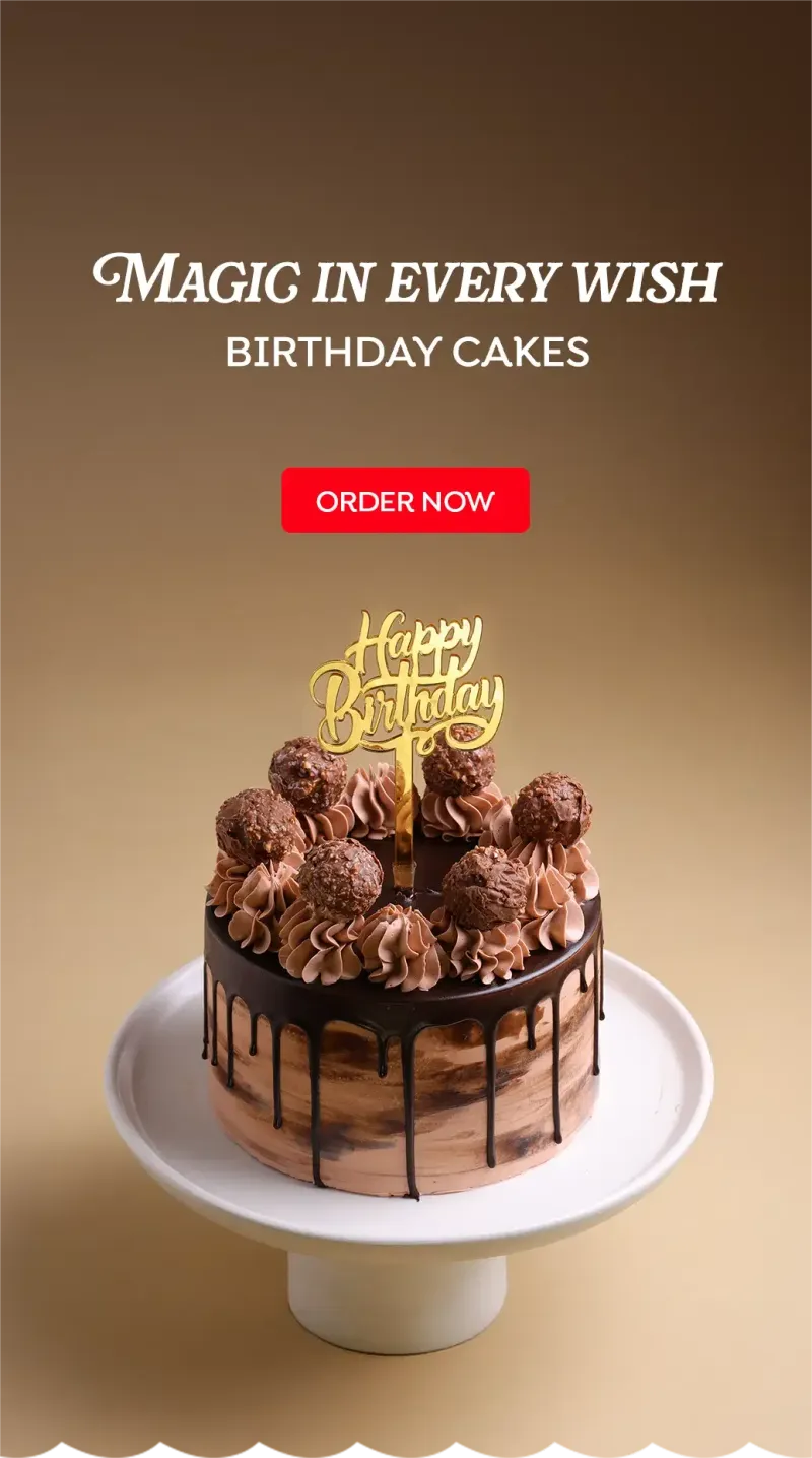 Brown 1-tier chocolate cake with soft icing, chocolate drip, Ferrero Rocher chocolates, and a gold Happy Birthday topper Brown 1-tier chocolate cake with soft icing, chocolate drip, Ferrero Rocher chocolates, and a gold Happy Birthday topper