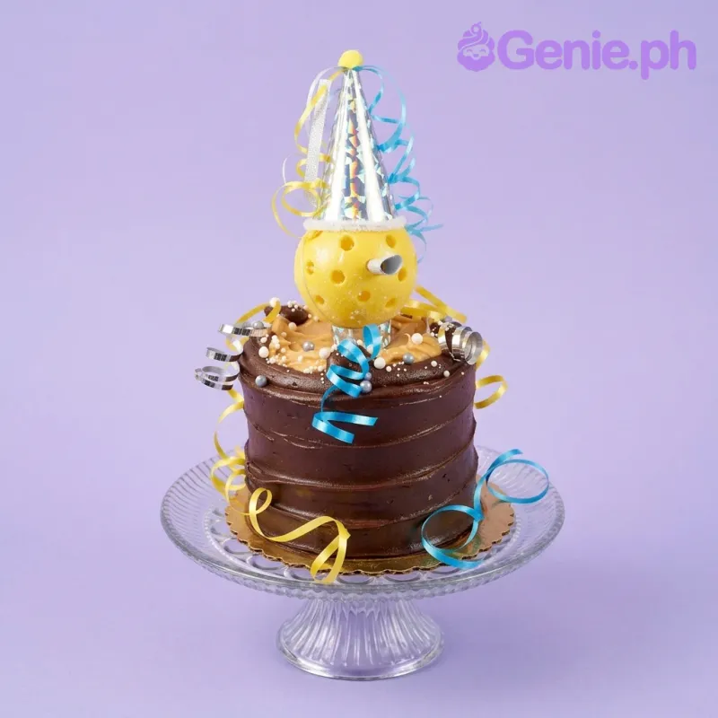 Brown and orange-yellow 1-tier cake with yellow ball topper, silver party hat, silver number one, and sprinkles. Brown and orange-yellow 1-tier cake with yellow ball topper, silver party hat, silver number one, and sprinkles.