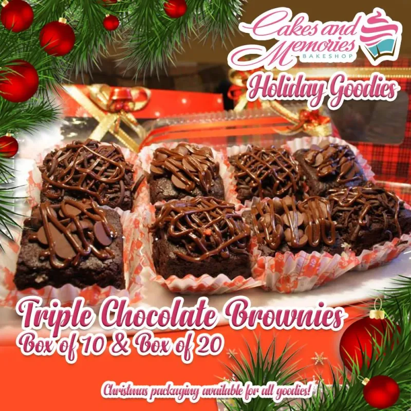 A brown and white rectangle brownies assortment for Christmas, featuring chocolate drizzle, chocolate chips, and intricate piping. A brown and white rectangle brownies assortment for Christmas, featuring chocolate drizzle, chocolate chips, and intricate piping.