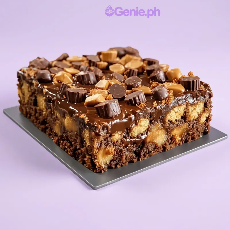 Rectangular chocolate brownie cake topped with peanut butter cups and caramel chunks Rectangular chocolate brownie cake topped with peanut butter cups and caramel chunks