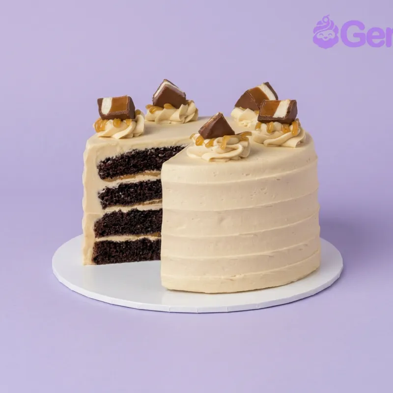 Beige 1-tier chocolate cake with chocolate bar pieces and caramel drizzle Beige 1-tier chocolate cake with chocolate bar pieces and caramel drizzle