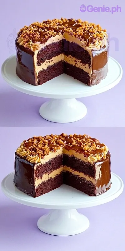 A brown and caramel 1-tier cake themed around Chocolate Caramel, featuring dark chocolate glaze, caramel rosettes, and crushed toffee bits. A brown and caramel 1-tier cake themed around Chocolate Caramel, featuring dark chocolate glaze, caramel rosettes, and crushed toffee bits.