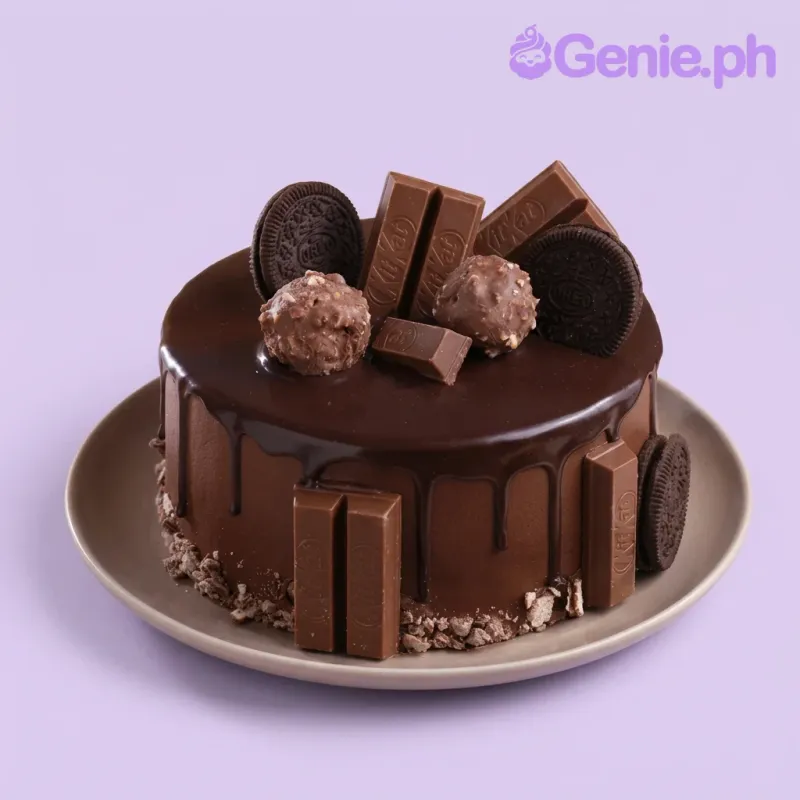 A brown 1 Tier chocolate drip cake, featuring KitKat bars, Oreo cookies, Ferrero Rocher chocolates, and crushed chocolate pieces. A brown 1 Tier chocolate drip cake, featuring KitKat bars, Oreo cookies, Ferrero Rocher chocolates, and crushed chocolate pieces.