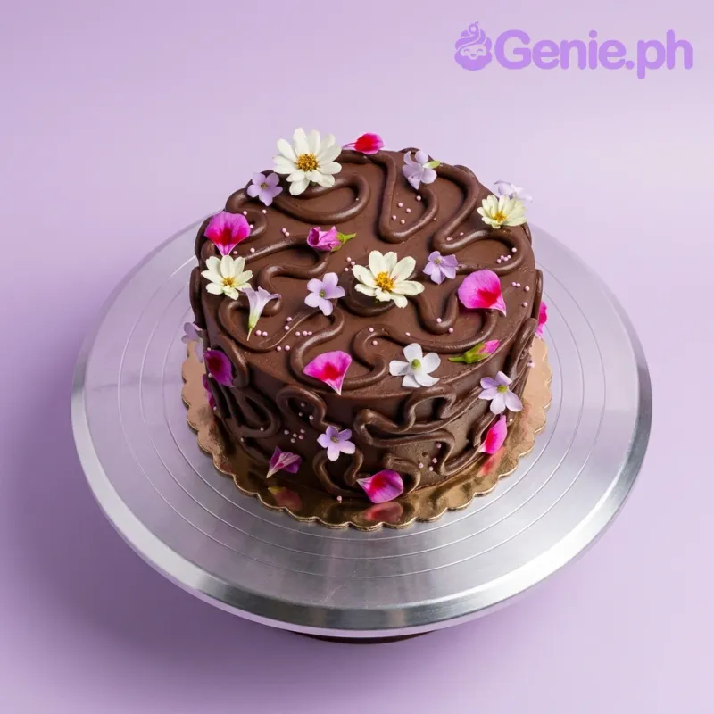 A brown 1-tier cake with dark brown icing swirls, decorated with white, pink, and lavender fresh flowers and tiny pink sprinkles. A brown 1-tier cake with dark brown icing swirls, decorated with white, pink, and lavender fresh flowers and tiny pink sprinkles.